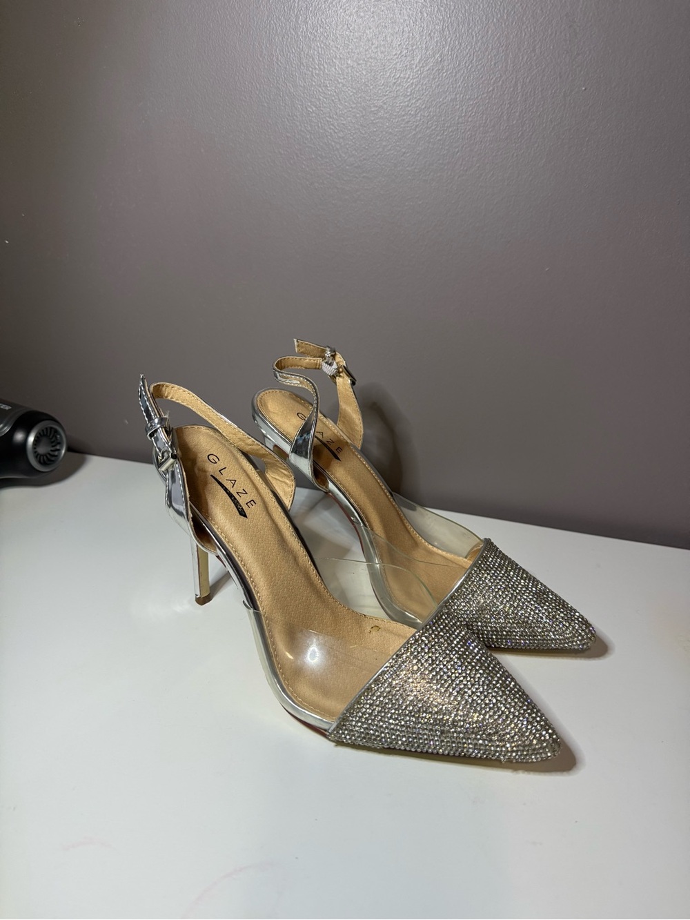 Glaze Silver Rhinestone Pointed Slingback Heels